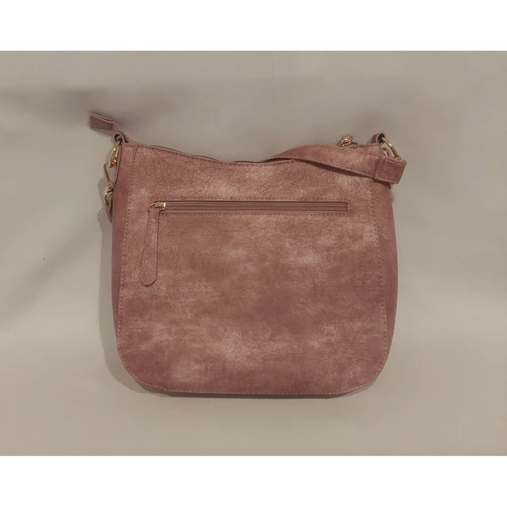 Julia Buxton Whip Stitch Distressed Vegan Leather Mauve Crossbody Shoulder Bag